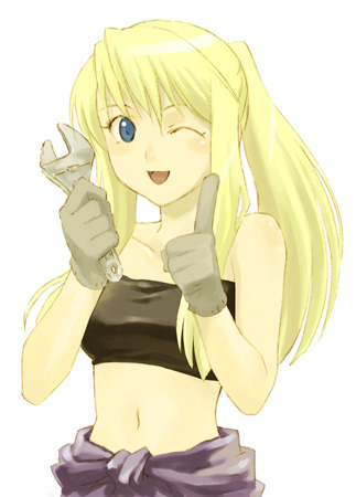 00s, 1girl, bandeau, blonde_hair, blue_eyes, fullmetal_alchemist, gloves, lowres, mechanic, midriff, navel, one_eye_closed, ponytail, sakaki_kuuya, solo, tomboy, tubetop, wink, winry_rockbell, wrench