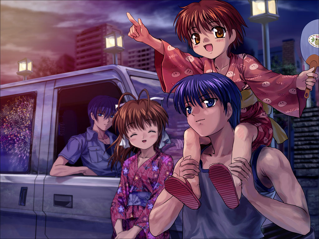 2boys, 2girls, aerial_fireworks, clannad, fan, fireworks, furukawa_nagisa, japanese_clothes