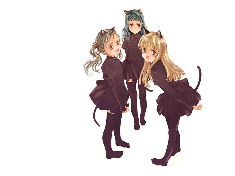 3girls, :d, animal_ears, arms_behind_back, bangs, bell, bell_collar, black_legwear, blonde_hair, blue_eyes, blue_hair, blunt_bangs, blush, brown_eyes, cat_ears, cat_tail, child, collar, dress, ema_(clovers), ema_(shirotsume_souwa), episode_of_the_clovers, everyone, flat_chest, grey_eyes, grey_hair, jingle_bell, lace, leaning_forward, legs, littlewitch, lolita_fashion, long_hair, looking_at_viewer, looking_back, miniskirt, multiple_girls, ooyari_ashito, open_mouth, parted_bangs, pleated_dress, profile, sasahara_yuuki, sayu_(clovers), sayu_(shirotsume_souwa), shirotsume_souwa, short_dress, short_hair, sidelocks, simple_background, skirt, sleeves_past_wrists, smile, standing, tail, thigh-highs, toka_(clovers), touka_(shirotsume_souwa), twintails, wavy_hair, white_background, zettai_ryouiki