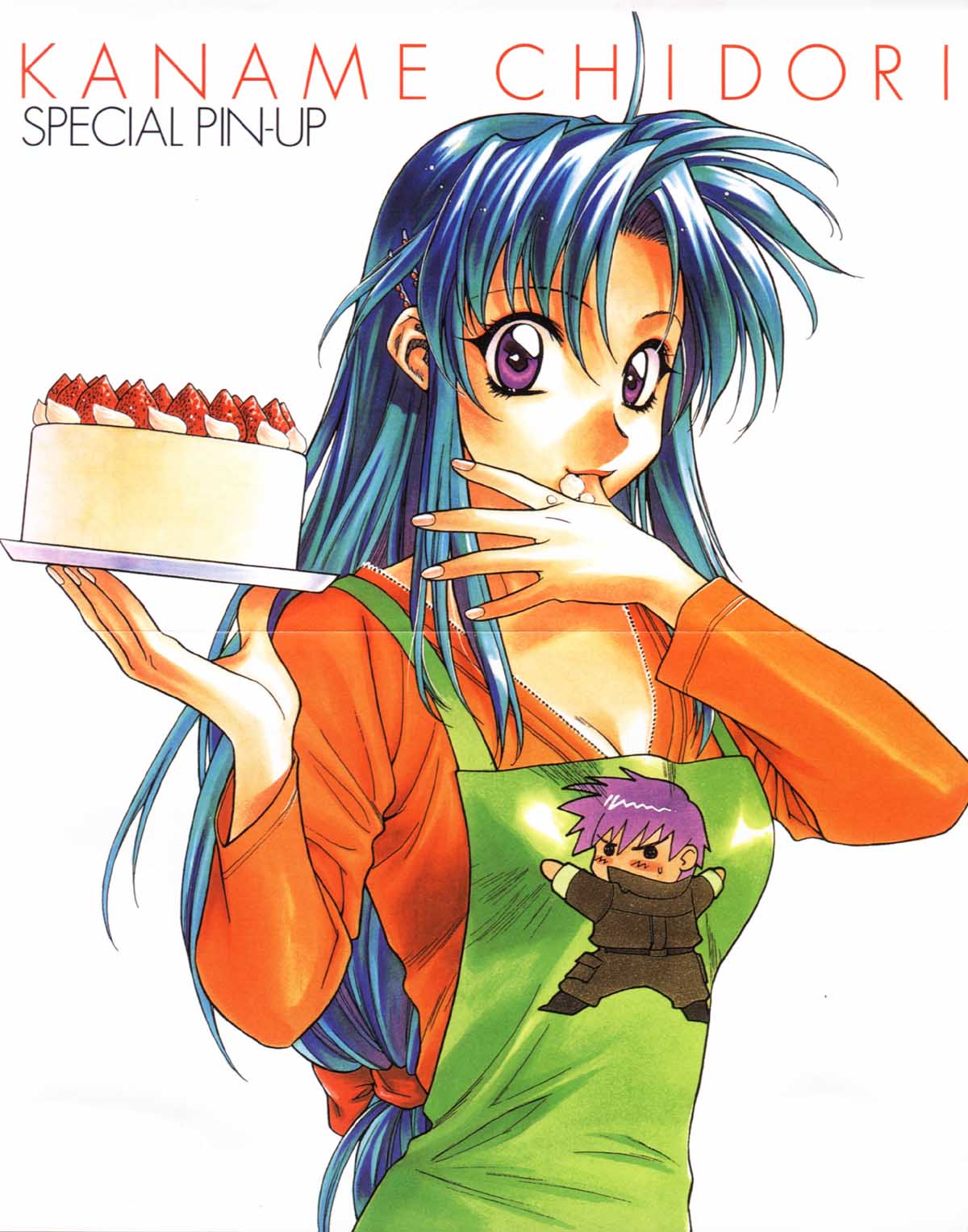 1girl, apron, blue_hair, blush, breasts, cake, character_name, chibi