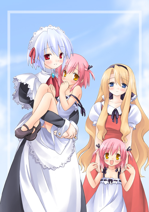 4girls, blonde_hair, blue_eyes, blue_hair, blush, carrying, child, coral-squer