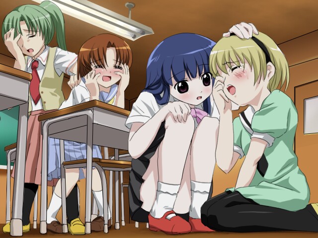 4girls, blonde_hair, blue_hair, desk, furude_rika, green_hair, green_skirt, hairband
