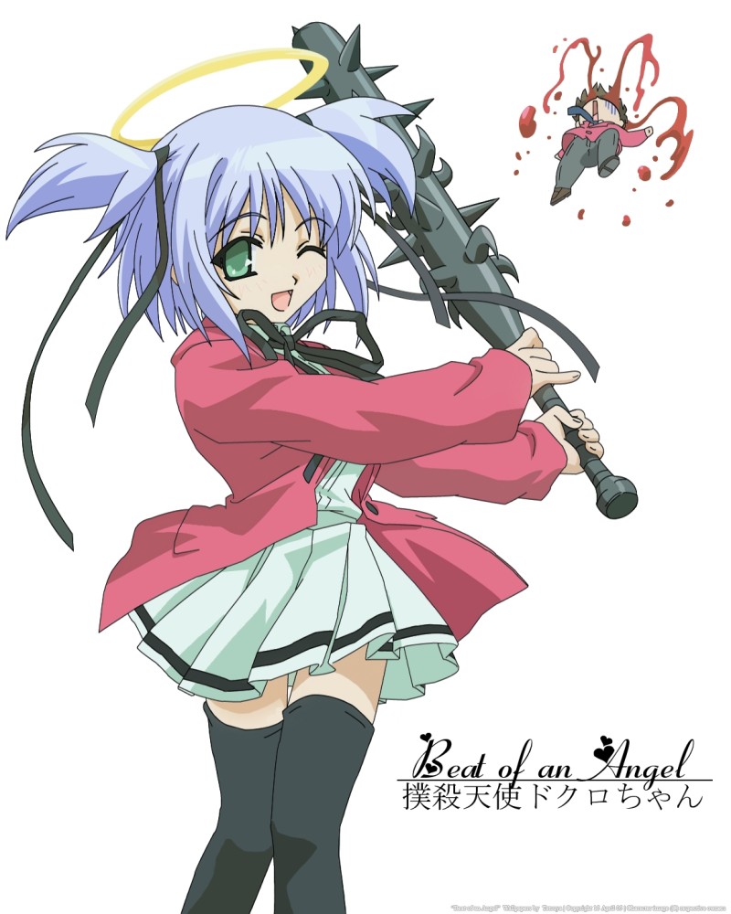1boy, 1girl, black_legwear, blood, blue_hair, bokusatsu_tenshi_dokuro-chan, club, escaliborg