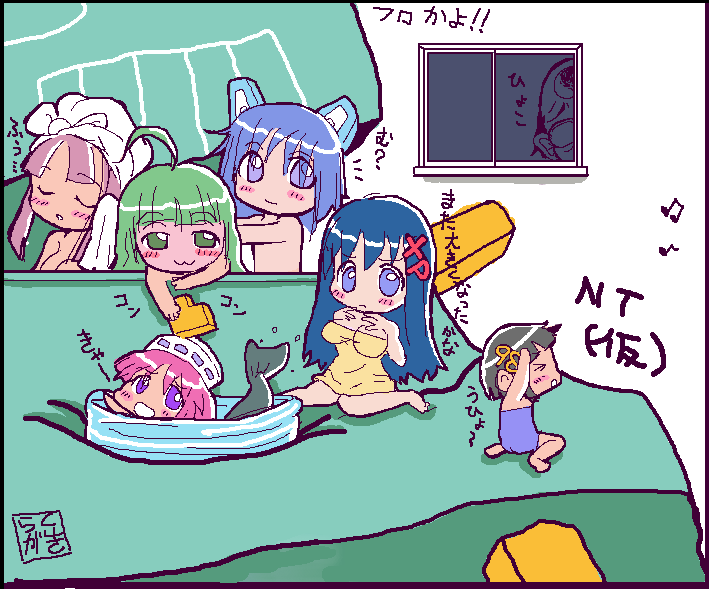 1boy, 2003_server, 2k-tan, 6+girls, 98-tan, :3, ?, ahoge