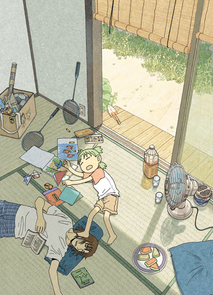 1boy, 1girl, azuma_kiyohiko, barefoot, brown_hair, child, crayon, electric_fan