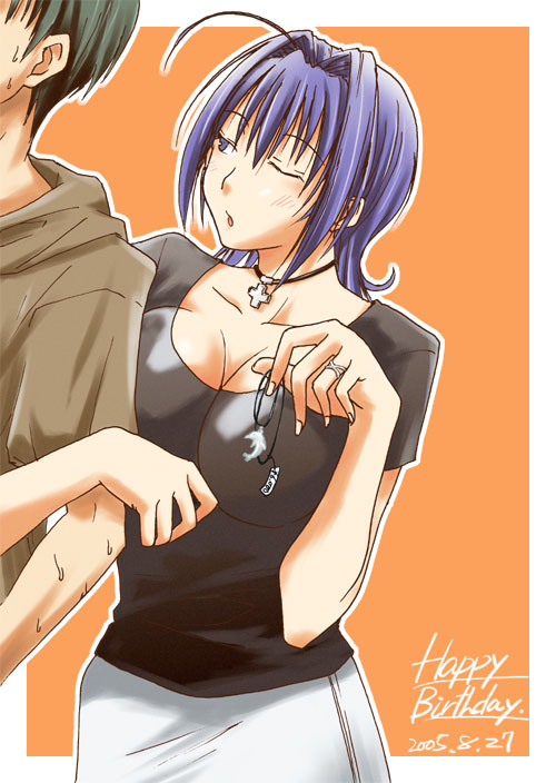 00s, 1boy, 1girl, 2005, black_hair, blue_eyes, choker, cross