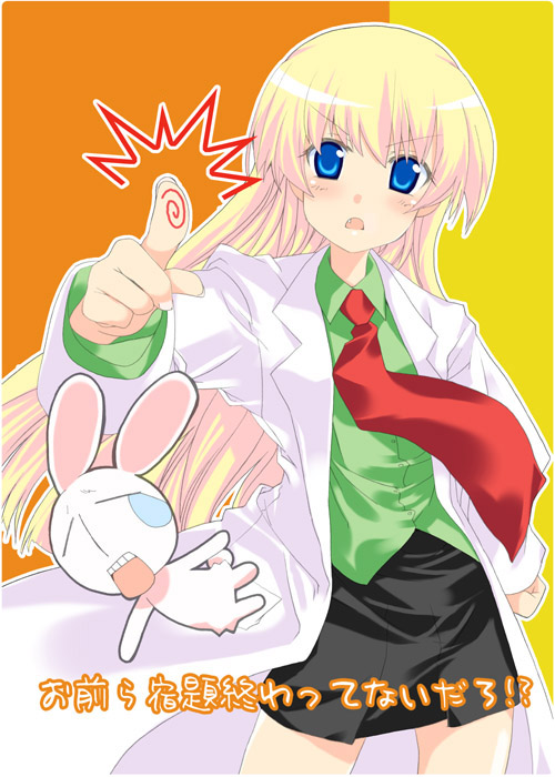 1girl, blonde_hair, blue_eyes, child, labcoat, loli_fashion, mesousa, miniskirt