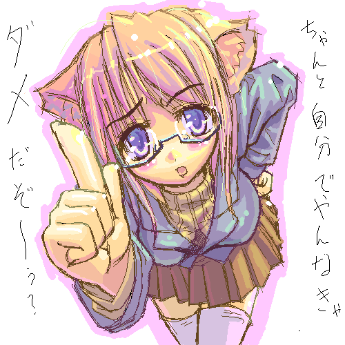 animal_ears, cat_ears, glasses, lowres, musumi_renga, thigh-highs