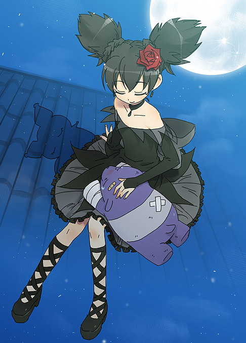 1girl, baku, baku_(onegai_my_melody), black_hair, closed_eyes, dress, flower, full_moon