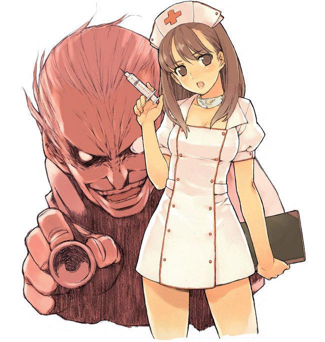1boy, 1girl, blush, brown_eyes, brown_hair, choker, clipboard, doctor, dress, evil_grin, evil_smile, grin, hat, head_tilt, medical, morisawa_haruyuki, nurse, nurse_cap, open_mouth, original, short_dress, smile, stethoscope, syringe