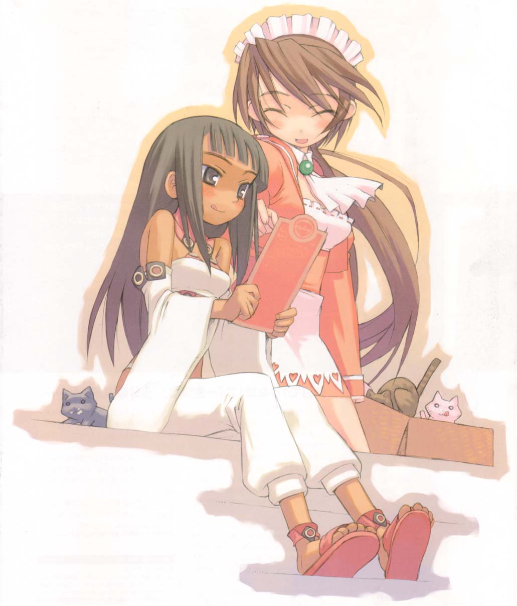 2girls, :d, ^_^, blush, cat, closed_eyes, dark_skin, flat_chest