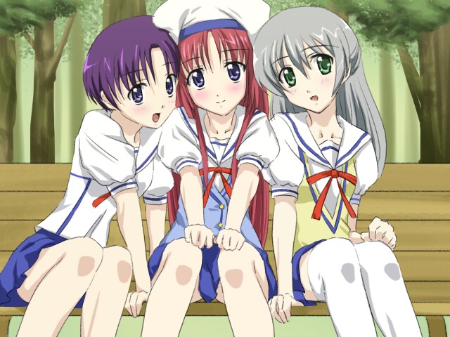 3girls, bench, blush, da_capo, da_capo_i, girl_sandwich, grey_hair, hat, long_hair, looking_at_viewer, morikawa_tomoko, multiple_girls, open_mouth, purple_hair, redhead, ribbon, saeki_kanako, sandwiched, sanshita, school_uniform, shirakawa_kotori, short_hair, short_sleeves, sitting, thigh-highs, tree, white_legwear