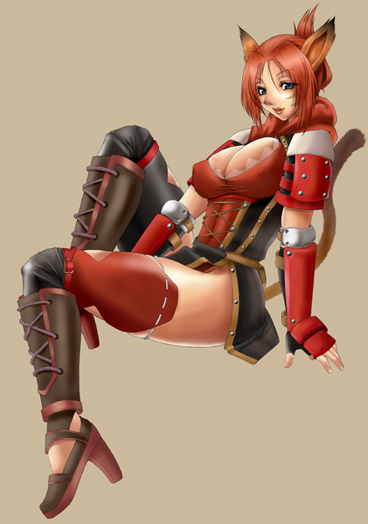 armor, blue_eyes, breasts, cat_ears, cat_tail, cleavage, erect_nipples, final_fantasy, final_fantasy_xi, fingerless_gloves, gloves, high_heels, large_breasts, legs, mithra, nanaa_mihgo, red_hair, redhead, shoes, tail, thighhighs, thighs, toguchi_masaya
