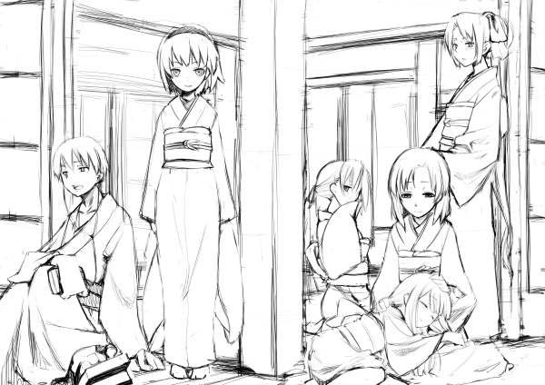 1boy, 5girls, alternate_costume, everyone, expressionless, full_body, furude_rika, geta