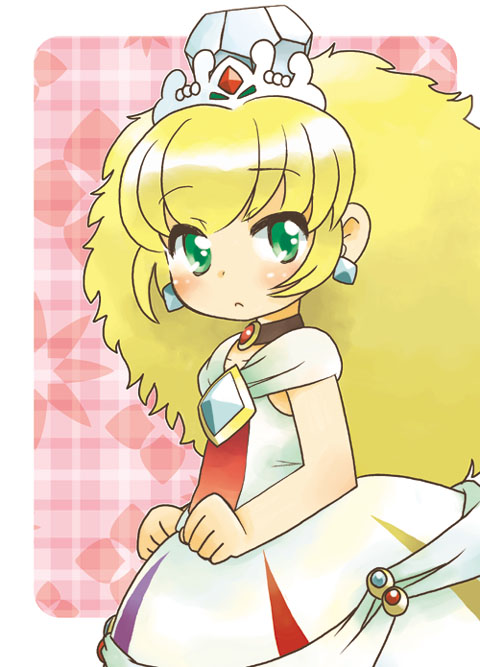 1girl, altessa, big_hair, blonde_hair, blush, brooch, choker, dangan, diamond, earrings, flat_chest, fushigiboshi_no_futago_hime, green_eyes, jewelry, long_hair, solo, tiara