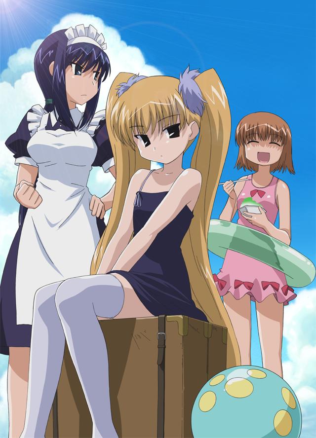 3girls, ball, beachball, food, fujii_masahiro, ice_cream, innertube, mahoraba