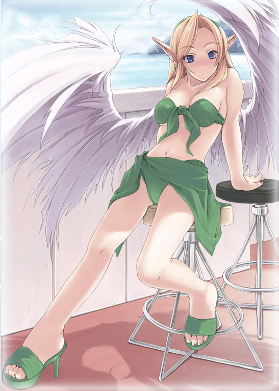 1girl, angel_wings, bikini, blonde_hair, blue_eyes, blush, feet, long_hair