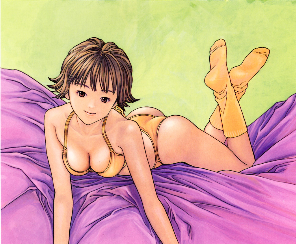 1girl, akiba_itsuki, ass, bed, bikini, bra, breasts, brown_eyes, brown_hair, cleavage, footwear, i"s, indoors, katsura_masakazu, large_breasts, lingerie, looking_at_viewer, lying, official_art, on_stomach, orange_panties, panties, short_hair, simple_background, skindentation, smile, socks, solo, swimsuit, underwear, underwear_only