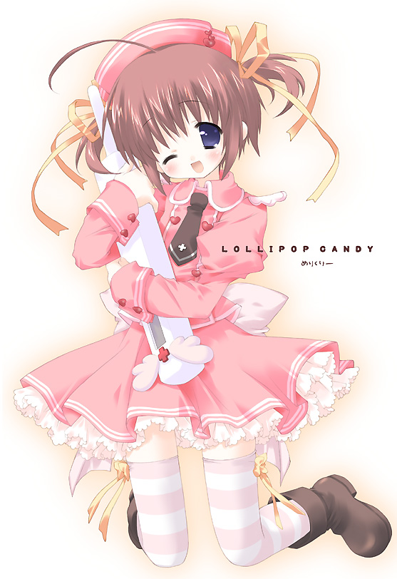 1girl, ;d, ahoge, blue_eyes, blush, boots, bow_legwear, brown_boots, brown_hair, candy, cross, female, food, full_body, greek_cross, hair_ribbon, hat, heart, juliet_sleeves, kneeling, lollipop, lollipop_candy, long_sleeves, looking_at_viewer, morinaga_korune, necktie, nurse, one_eye_closed, open_mouth, petticoat, puffy_sleeves, red_cross, ribbon, short_hair, skirt, smile, solo, striped, striped_legwear, syringe, thermometer, thigh-highs, twintails, wink, yellow_ribbon