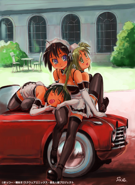 3girls, ahoge, arm_garter, black_hair, black_legwear, blonde_hair, blue_eyes, blush, car, chair, closed_eyes, collar, elbow_gloves, gainaxtop, gloves, grass, ground_vehicle, kore_ga_watashi_no_goshujin-sama, kuramachi_anna, kurauchi_anna, long_hair, looking_back, lying, maid, maid_headdress, motor_vehicle, multiple_girls, on_side, open_mouth, outdoors, saeki_shouji, sawatari_izumi, sawatari_mitsuki, short_hair, siblings, sisters, sitting, sleeping, table, thigh-highs, twintails, vehicle, window, yellow_eyes