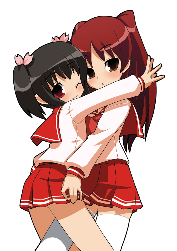 2girls, imaizumi_teruhiko, kousaka_tamaki, multiple_girls, pleated_skirt, school_uniform, serafuku, skirt, teruhiko_imaizumi, thigh-highs, to_heart_2, wink, yuzuhara_konomi