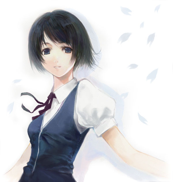 1girl, black_hair, blue_eyes, bow, menace, original, petals, queen's_blade