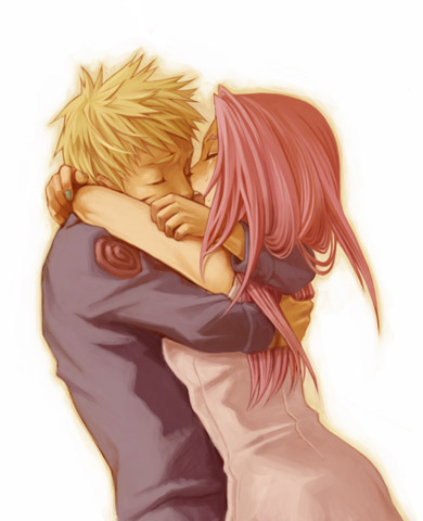 1boy, 1girl, arms_around_neck, blonde_hair, couple, haruno_sakura, hetero, hug
