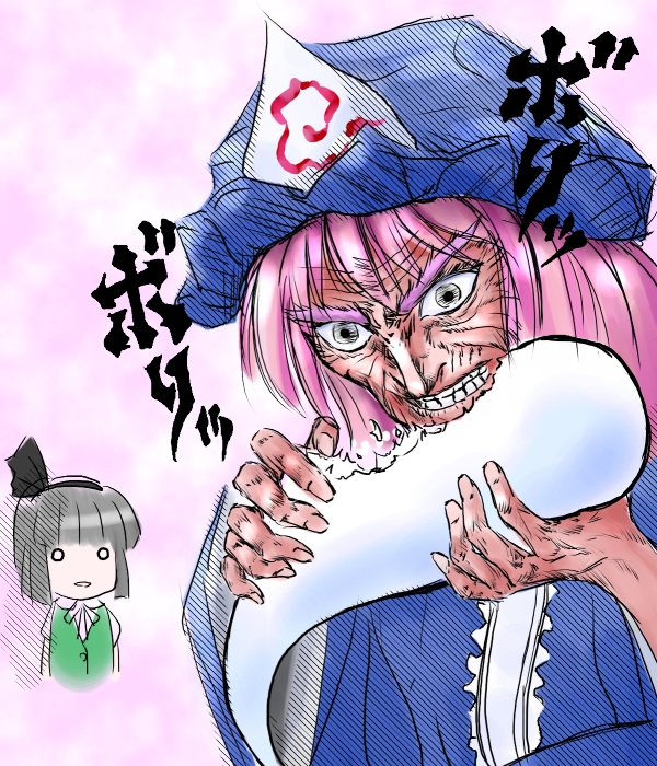 2girls, cannibalism, creepy, eating, female, ghost, hat, hitodama