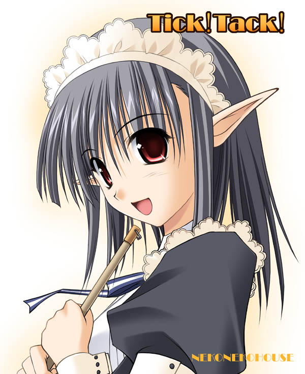 black_hair, maid, open_mouth, pointy_ears, red_eyes, sage_(tick!_tack!), short_hair, shuffle!