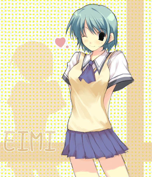 00s, 1girl, character_name, comic_party, heart, oba_eimi, one_eye_closed, ooba_eimi