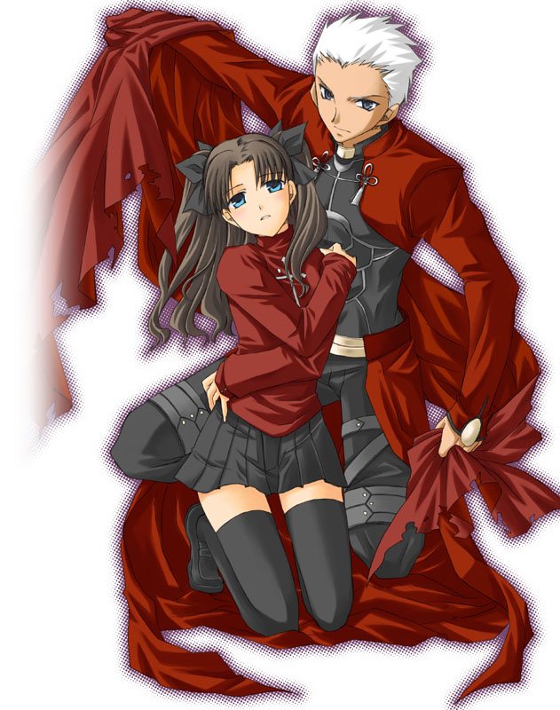 1boy, 1girl, archer, black_legwear, dark_skin, dark_skinned_male, fate/stay_night, fate_(series)