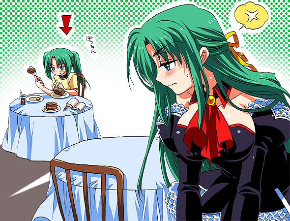 2girls, angel_mort, anger_vein, ascot, eating, fujitaka_(akasora), fujitaka_akasora, green_eyes
