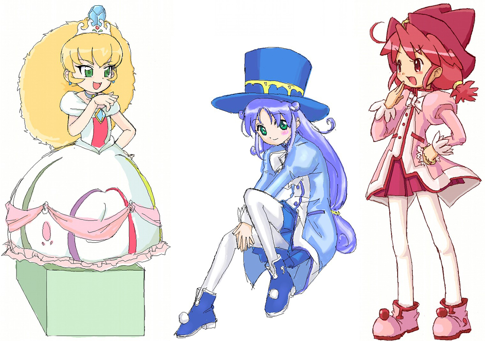 3girls, ahoge, altessa, big_hair, blonde_hair, blue_hair, blush, boots