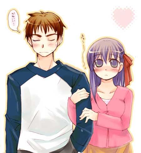 arm_clutch, arm_hug, emiya_shirou, fate/stay_night, fate_(series), lowres, matou_sakura, misaki_kozue