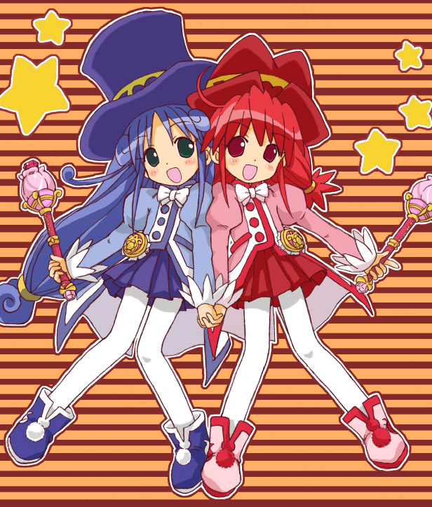 2girls, fine, fushigiboshi_no_futago_hime, haikuro, hand_holding, hat, interlocked_fingers, multiple_girls