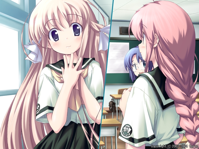 2girls, blue_eyes, blue_hair, blush, braid, classroom, fue_(tsuzuku), game_cg