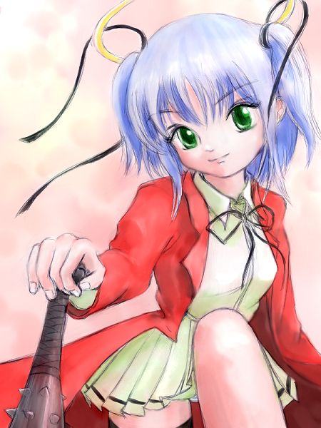 blue_hair, bokusatsu_tenshi_dokuro-chan, club, escaliborg, excalibolg, green_eyes, halo, kanabou