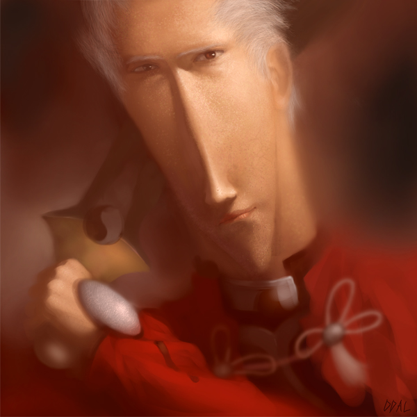 archer, brown_eyes, ddal, fate/stay_night, fate_(series), gensou_yakyoku_(style), grey_hair, kanshou_&amp;_bakuya, male, parody, solo, style_parody, sword, tan, weapon, what