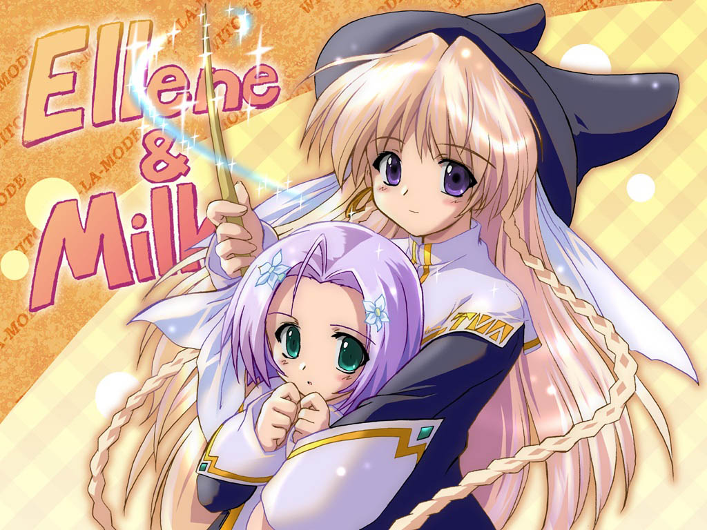 2girls, ahoge, blonde_hair, blush, braid, character_name, earrings, ellene_sylvana, hair_ornament, hairclip, hat, jewelry, komatsu_eiji, lavender_hair, long_hair, looking_at_viewer, majokko_a_la_mode, milky_milkcock, multiple_girls, short_hair, sparkle, twin_braids, uniform, very_long_hair, wallpaper, wand
