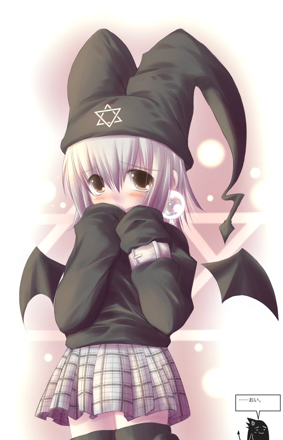 1girl, anger_vein, bat_wings, black_legwear, blush, covering_mouth, demon_girl, hako_(dollspro)