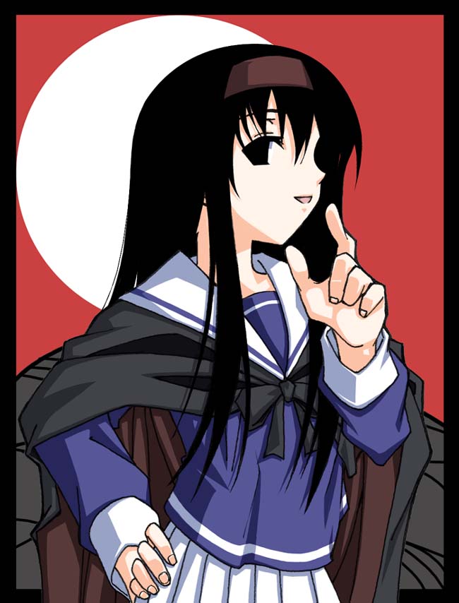 1girl, :d, black_border, black_eyes, black_hair, black_ribbon, blue_shirt, border