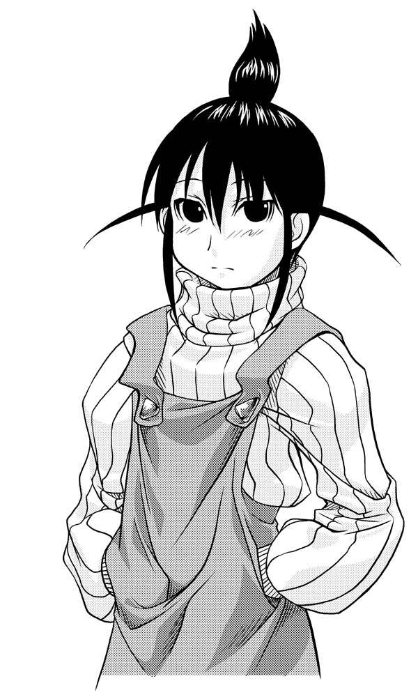 00s, 1girl, dress, genshiken, hands_in_pockets, high_ponytail, jumper, long_sleeves