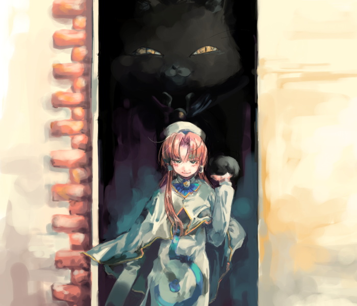 1girl, aria, cait_sith_(aria), cat, doorway, giant_cat, hat, mizunashi_akari