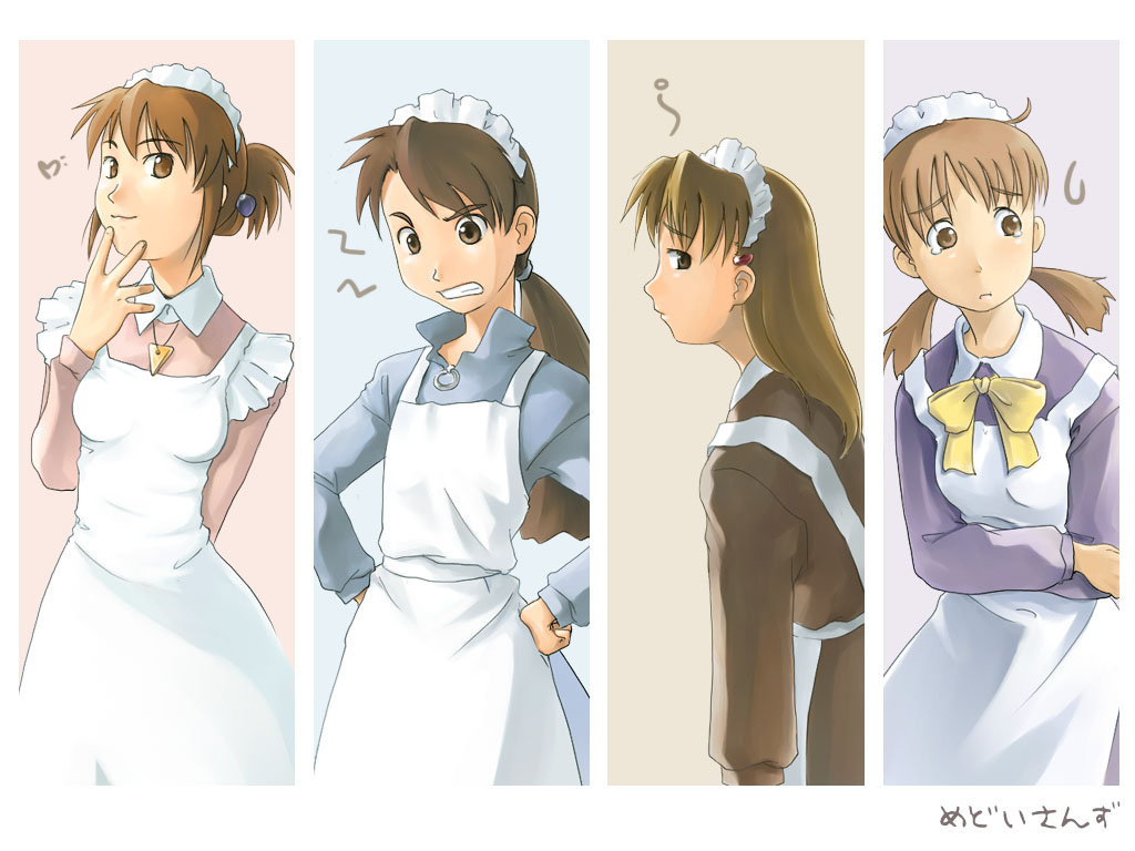 4girls, angry, apron, bow, brown_hair, flat_chest, futaba_channel, hair_ornament
