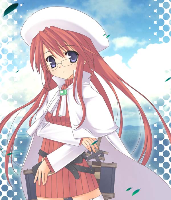 1girl, aty, aty_(summon_night), belt, beret, blue_eyes, brooch, cape, chuujou_kagetsu, dress, glasses, hat, jewelry, long_hair, petals, redhead, solo, summon_night, summon_night_3, thigh-highs, turtleneck, very_long_hair, wind, zettai_ryouiki