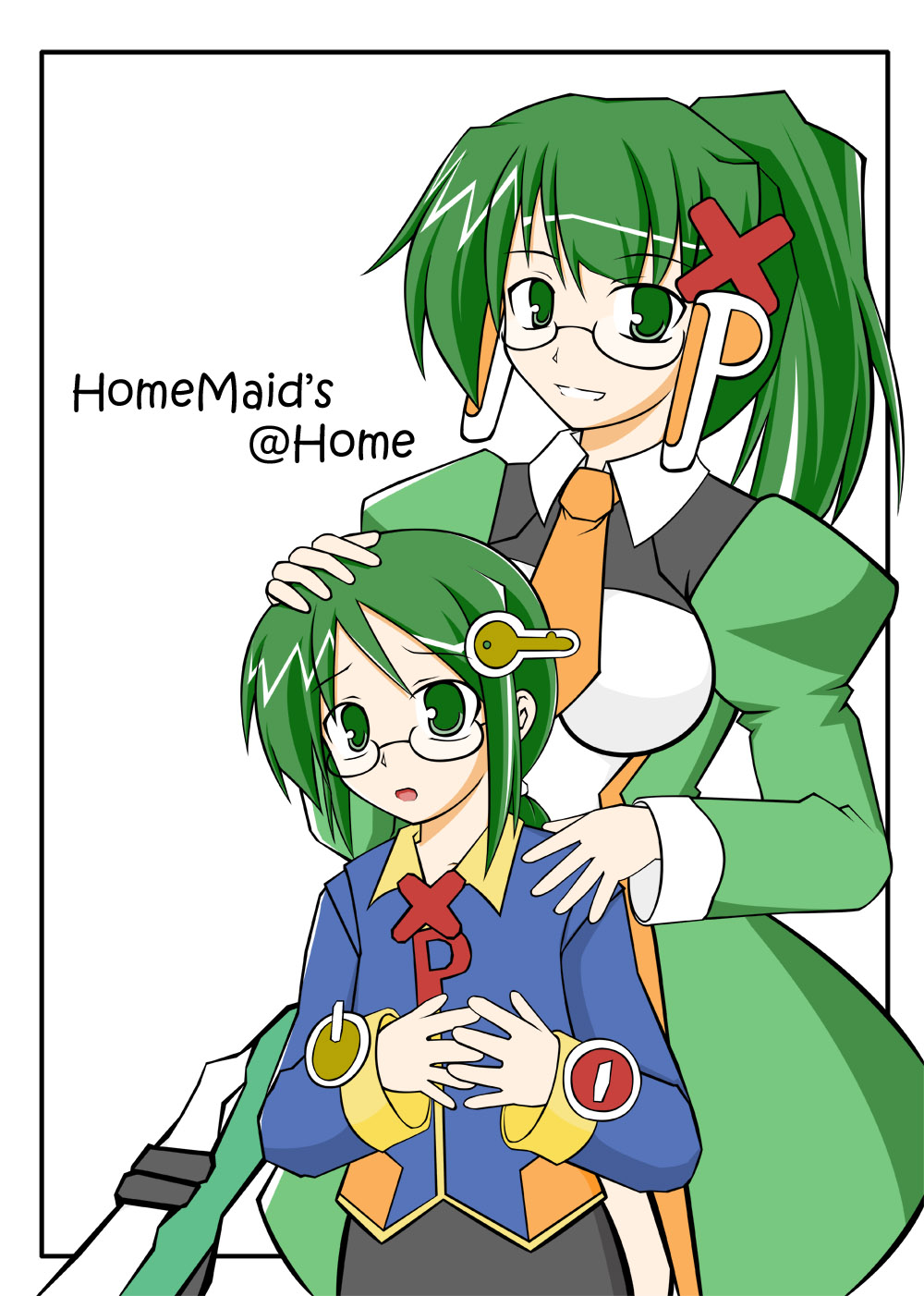1boy, 1girl, brother_and_sister, glasses, green_eyes, green_hair, hair_ornament, highres