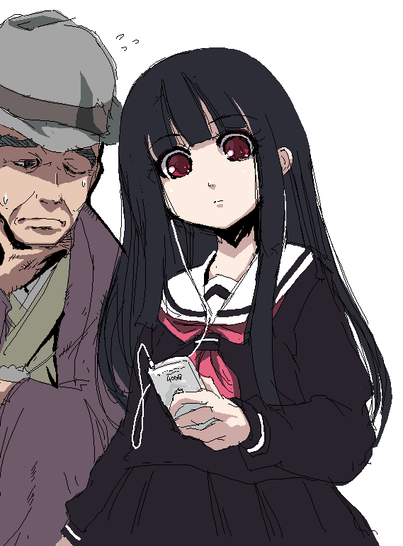 1boy, 1girl, bangs, black_hair, black_serafuku, blunt_bangs, digital_media_player, enma_ai
