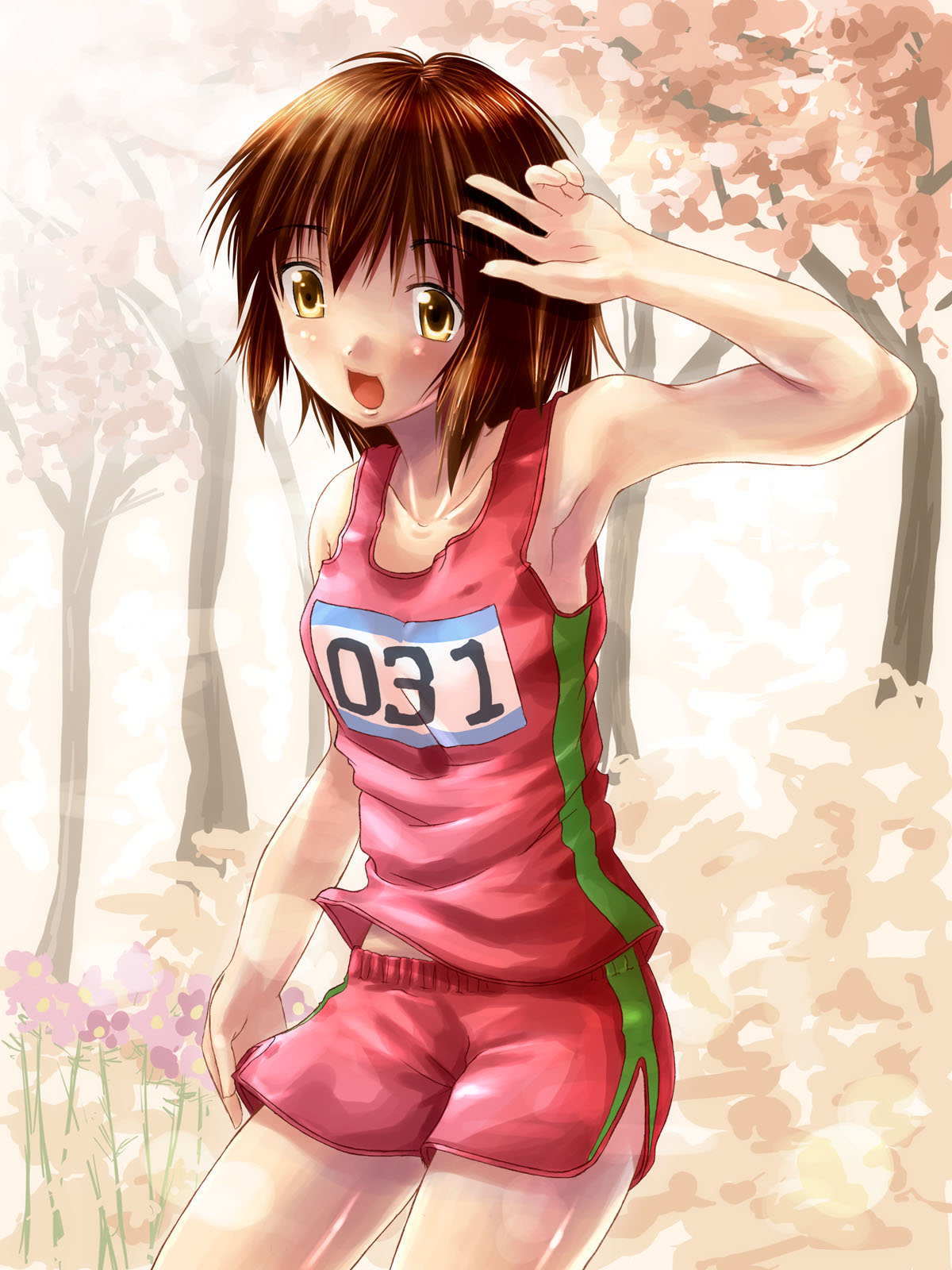 1girl, brown_hair, clothes_writing, dozepara, highres, original, runner, shorts