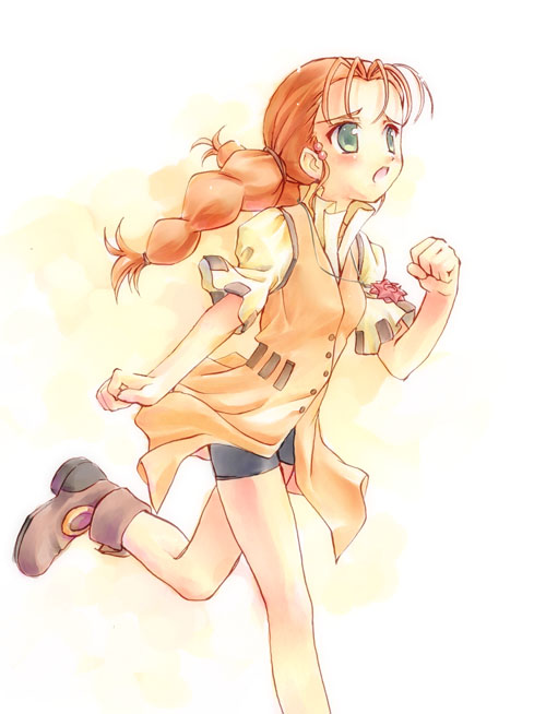 1girl, bangs, bike_shorts, blush, boots, braid, brown_hair, dress