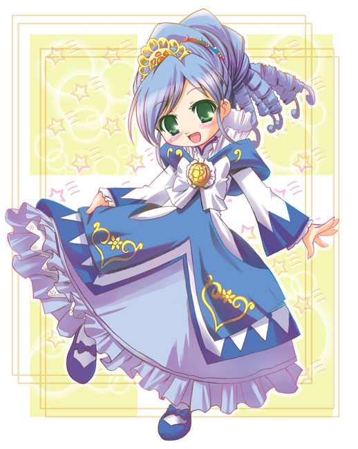 1girl, blue_hair, blush, dress, dress_lift, drill_hair, frills, fushigiboshi_no_futago_hime